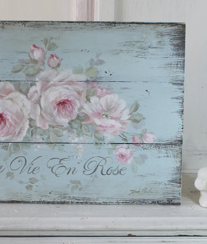 ORIGINAL PAINTING "La Vie En Rose" Pink Roses Romantic French Sign Shabby Chic by Debi Coules
