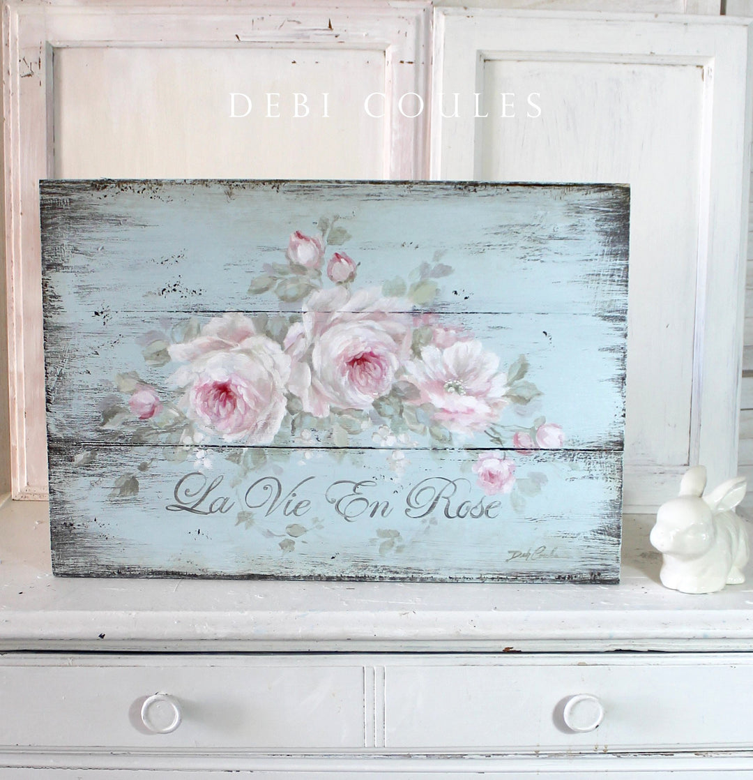 ORIGINAL PAINTING "La Vie En Rose" Pink Roses Romantic French Sign Shabby Chic by Debi Coules