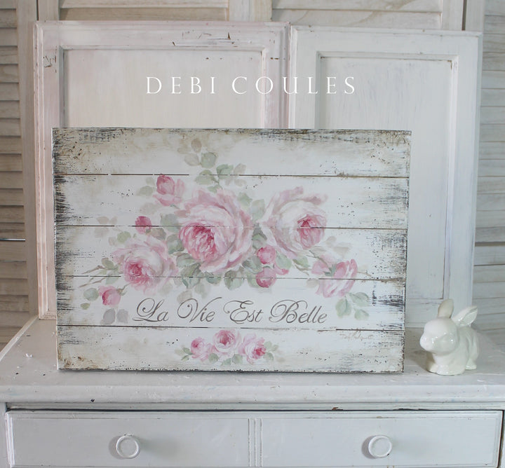 Shabby French Chic La Vie Est Belle Vintage Style Hand Painted Wood Sign Pink Roses Sign by Debi Coules