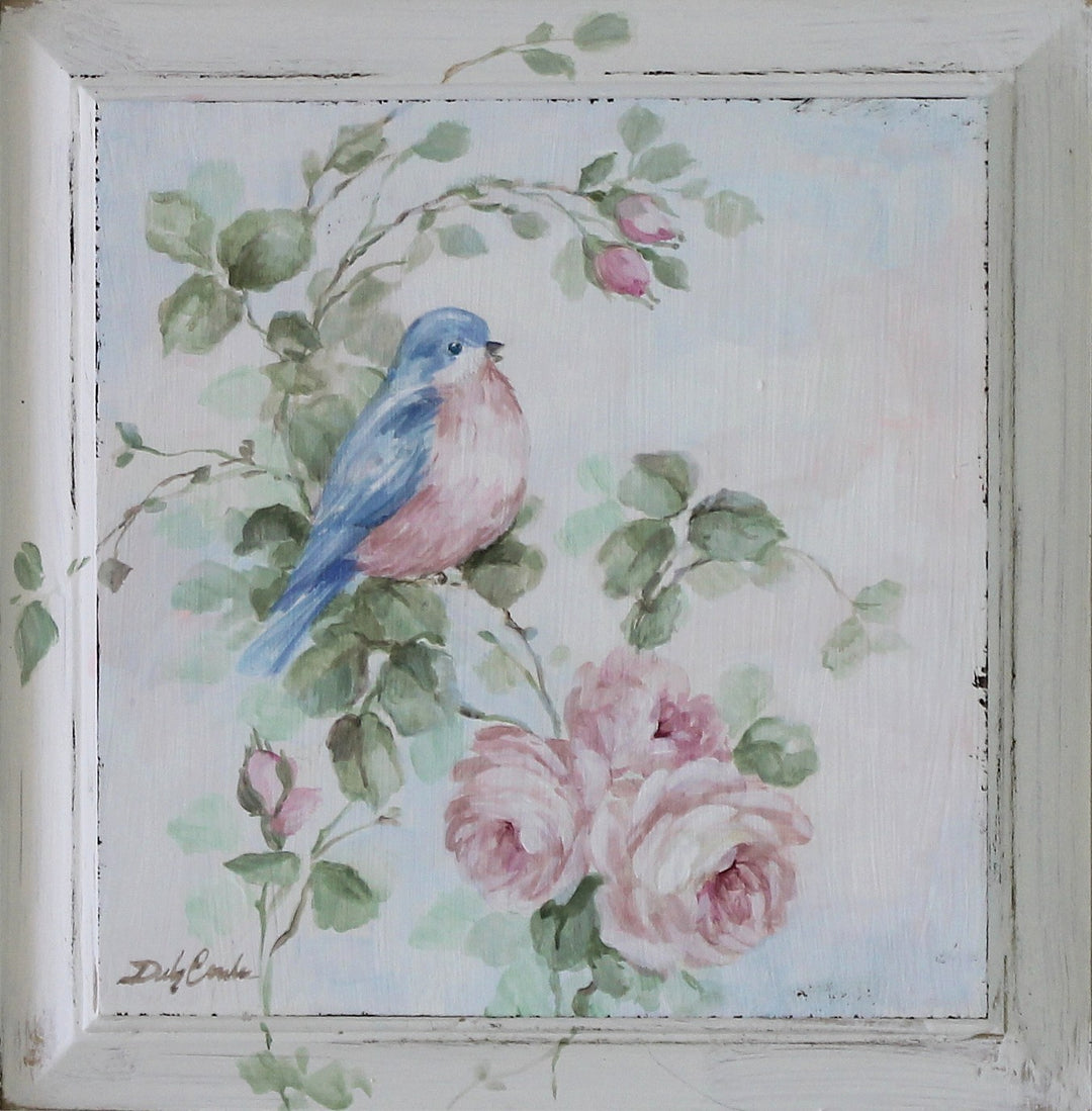 Shabby Chic Romantic Wooden Vintage Panel With Bluebird and Roses by Debi Coules