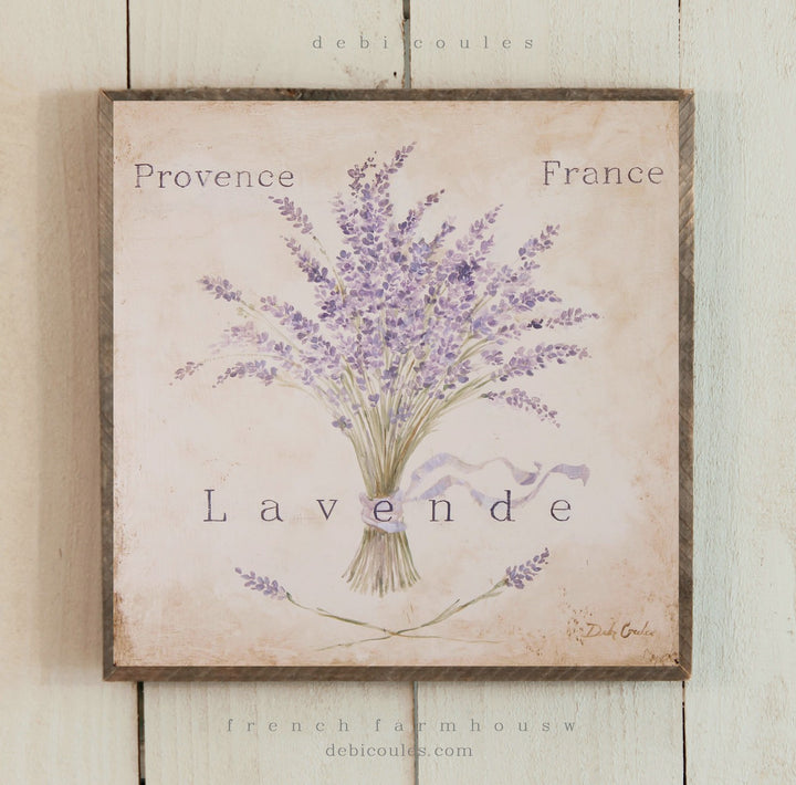Lavender bouquet in full bloom, French Shabby Chic and vintage. Lots of purples, tans, warm feeling. “lavende” slogan Provence Franch By artist Debi Coules