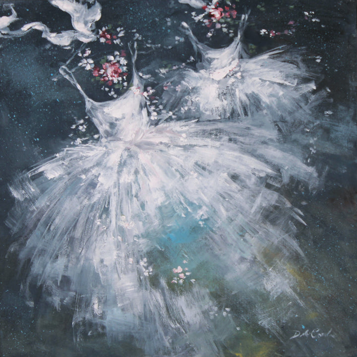 Two brilliant white tutus frolic across a starry sky. Rose wreaths on each.