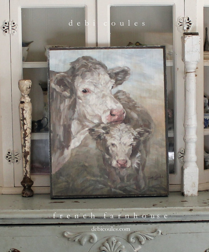 Moo Daze mother cow n calf rustic wood print, framed in barn wood style, Brown n white cows standing in a pasture, Rustic Barn wood style frame. Debi Coules Artist loves animals, farmhouse collection. livestock, French Chic, Cottage, wall art, décor