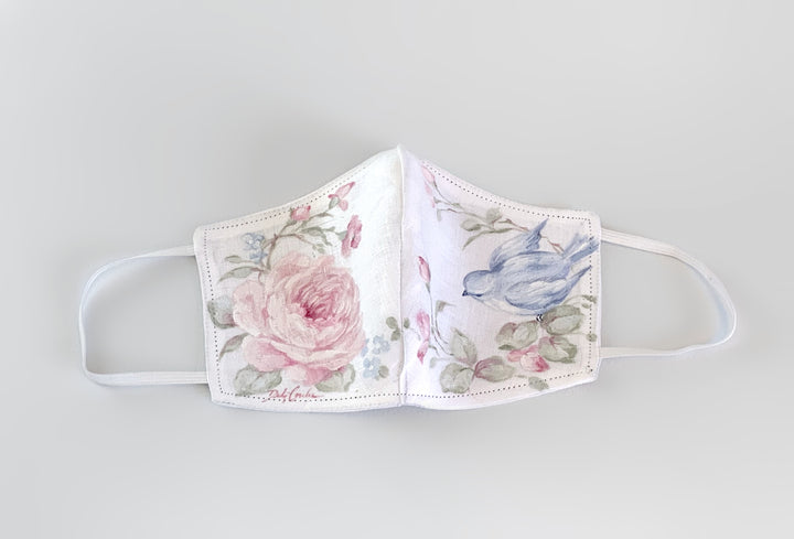 Linen Masks "Bluebird and Pink Roses" Hand-Painted by Debi Coules