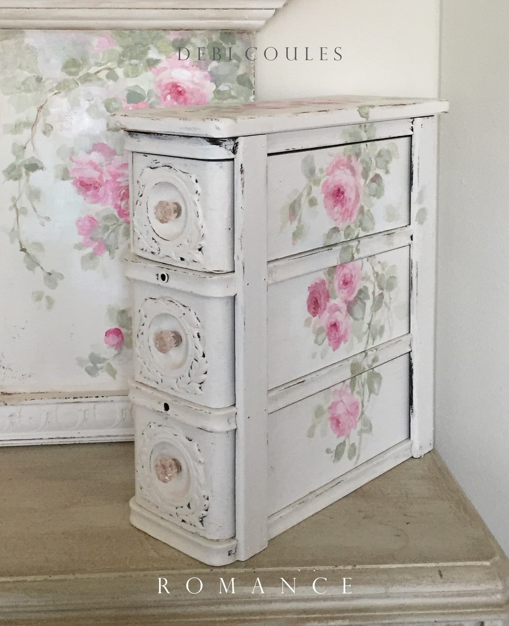 Shabby Chic Romantic Vintage  Pink Roses Sewing Drawer Chest by Debi Coules