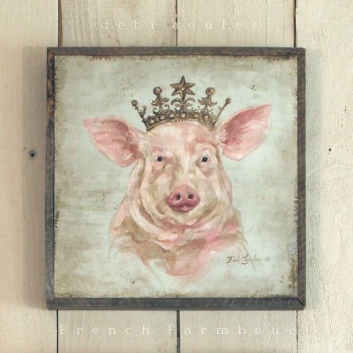 Whimsical pink Farmhouse pig, adorned with a gold crown, whites, pinks, Blue green distressed background, Rustic Barn wood style frame. Debi Coules Artist, loves animals, farmhouse. French Chic, Shabby chic, cottage chic, vintage, modern home decor.