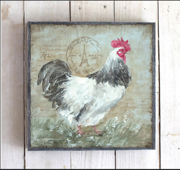"Parisian Postmarked Rooster 2" Barnwood Framed Wood Print