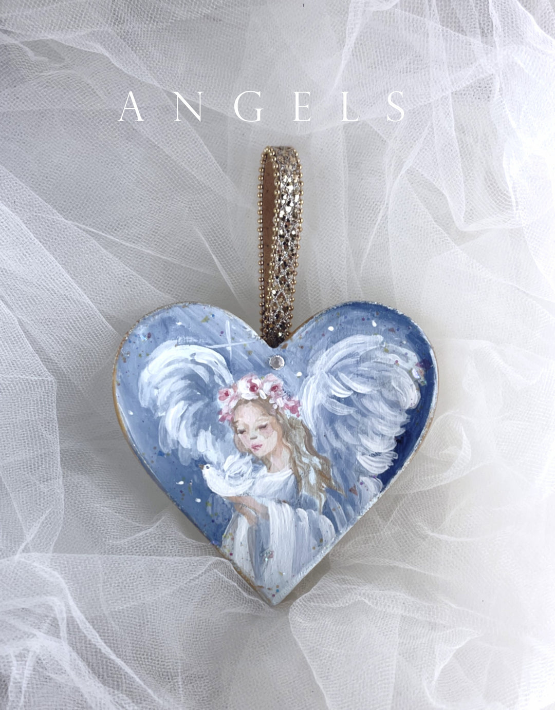 Shabby Chic Christmas Angel Holding Dove Ornament and Swarovski Crystal by Debi Coules