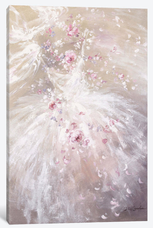 Ballet Tutu and Roses Shabby Chic Canvas Giclee Print. Comes in various sizes and depths. Colors are soft white, neutrals and pinks. Print.