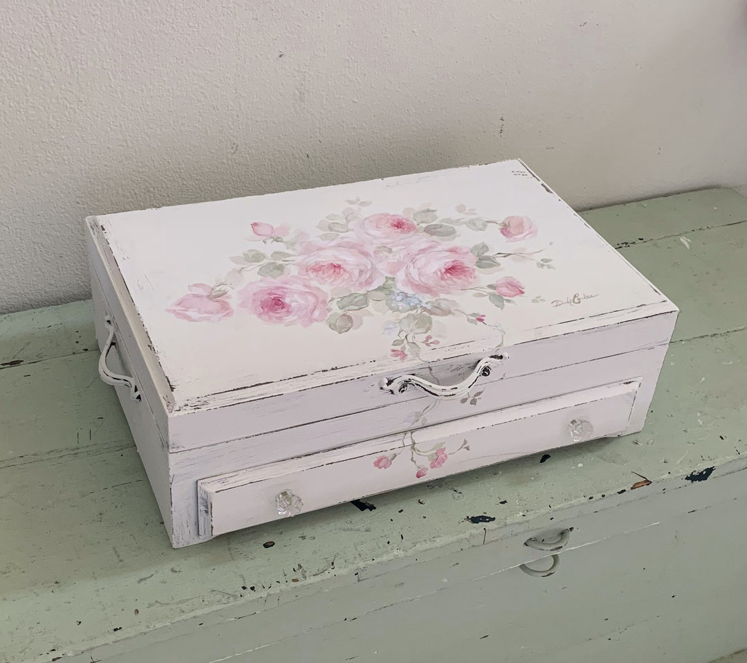 Romantic  Vintage Large Shabby Chic Pink Roses Jewelry Keepsake Box with Drawer by Debi Coules