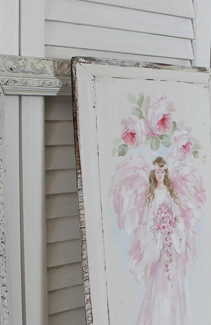 Angel with Roses Wood Panel Vintage Shabby Chic by Debi Coules