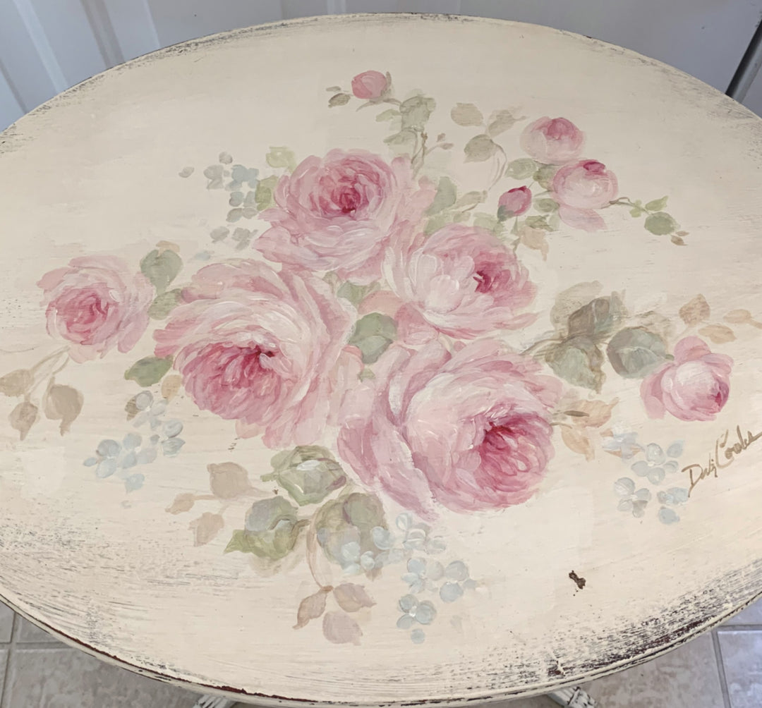 Shabby Chic Hand Painted Antique Romantic Pink Roses Table by Debi Coules