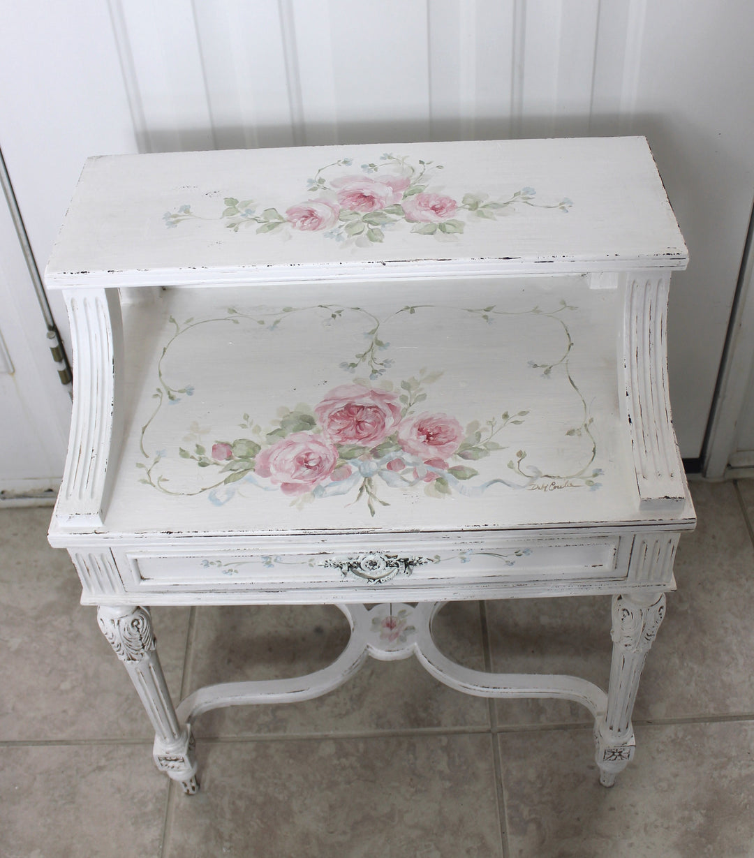 Vintage Romantic Cottage Shabby Chic Pink Roses Table by Debi Coules