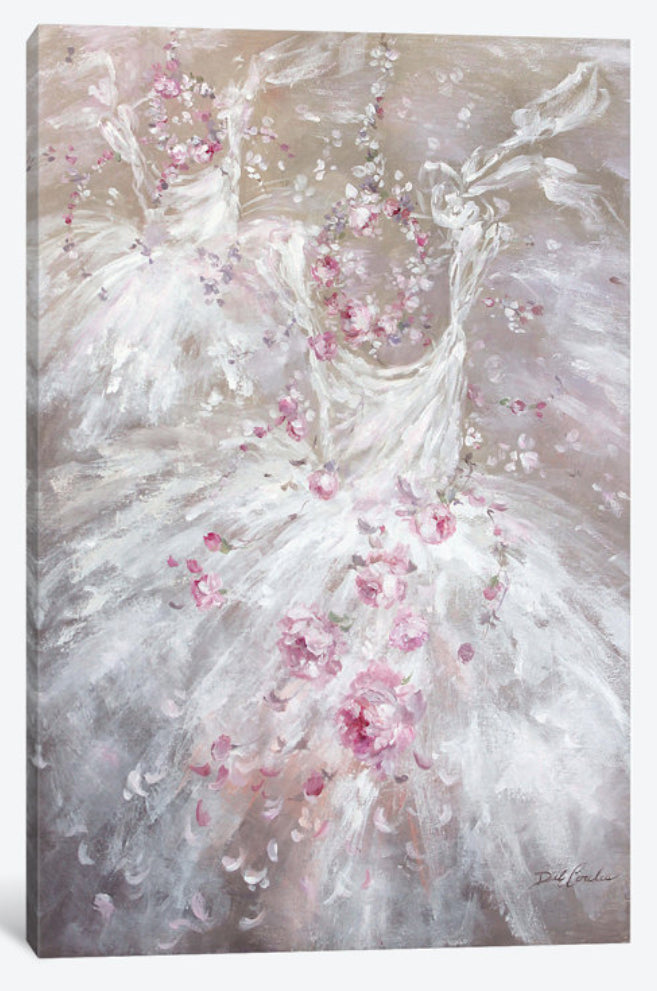 Two white tutus dance across a canvas of pinkish tan. Pink Roses make crowns for both and are wrapping around the tutus and flying everywhere.