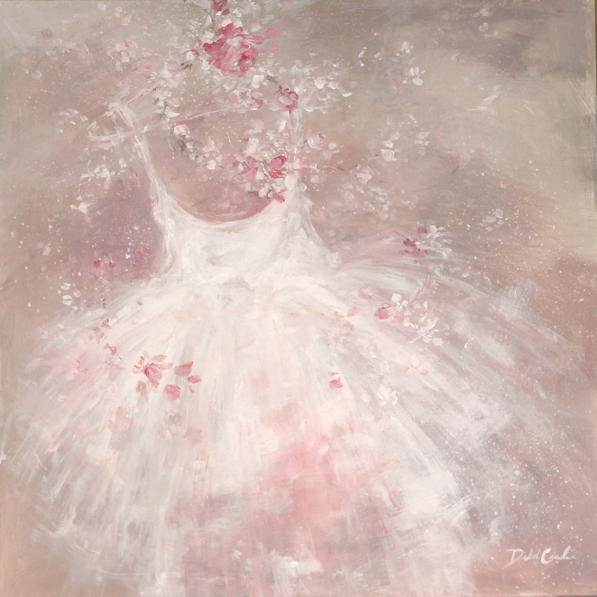 A white tutu is dancing across the canvas of pinkish tan. Pink rose crown adornes the top and drops pink roses everwhere.