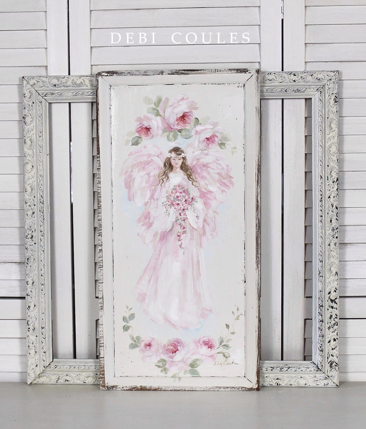 Angel with Roses Wood Panel Vintage Shabby Chic by Debi Coules