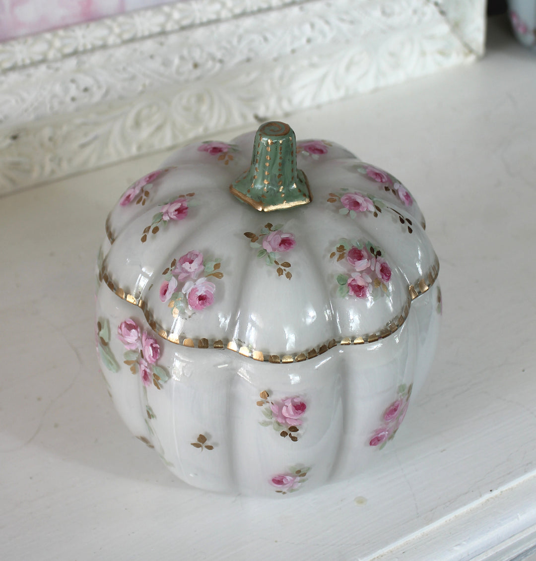 Shabby Chic Hand Painted Roses Glass Pumpkin Original by Debi Coules Romantic Cottage