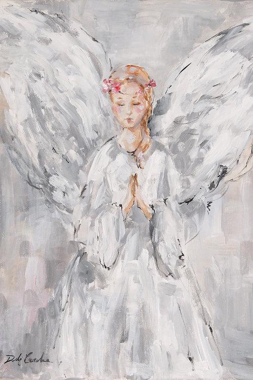 Angel artwork featuring a winged angel clasping her ands in prayer. The painting is in a rustic, impressionist style to pair with shabby chic,  modern formhouse, or cottage decor..