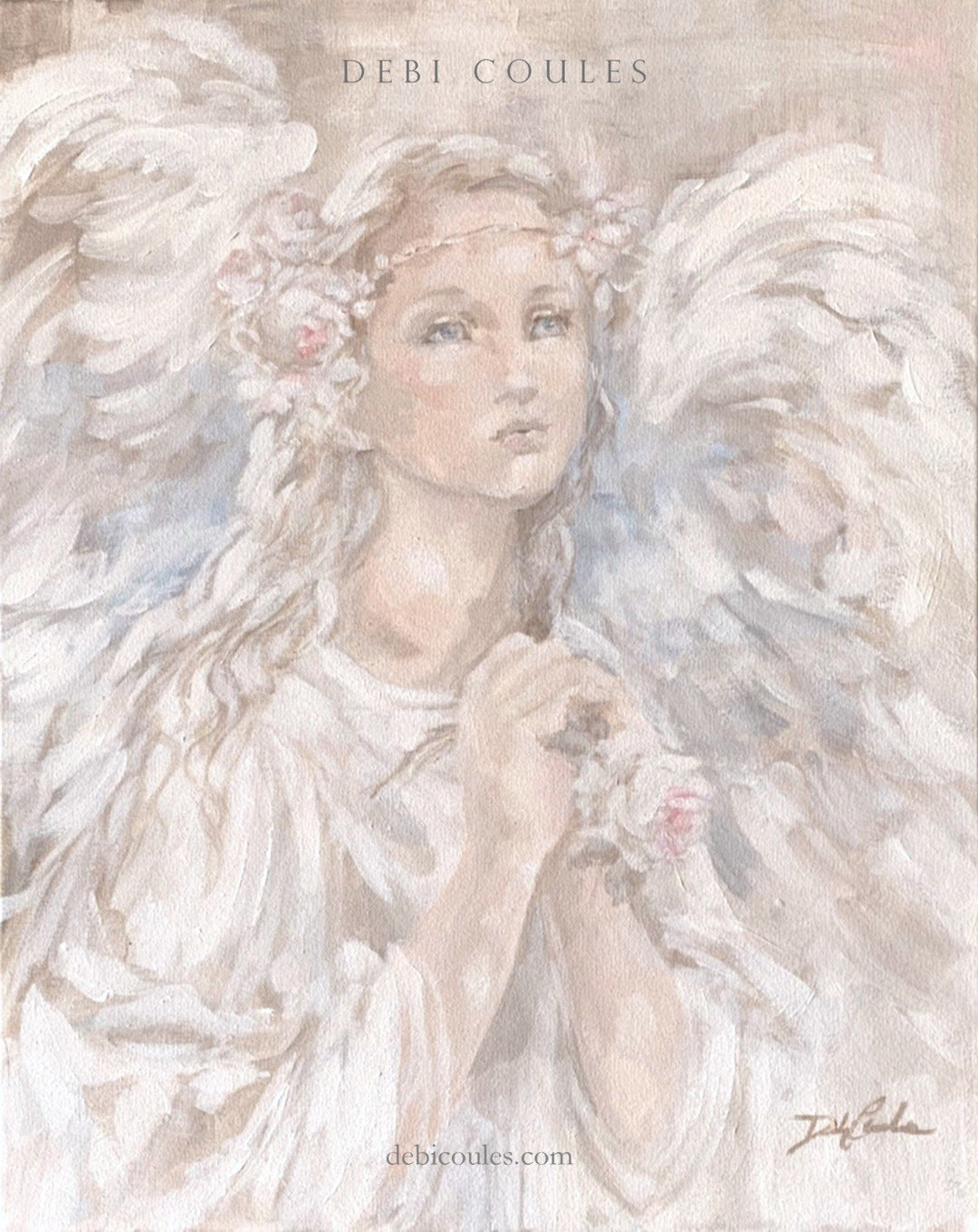 A beautiful angel painting. The winged angel isadorned in roses, clasping her hands in prayer