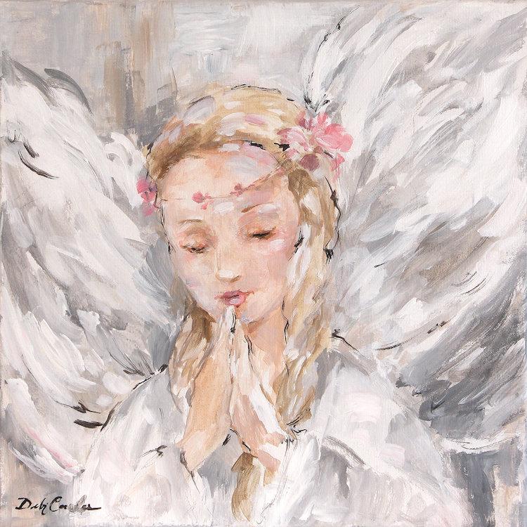 Angel artwork showing an angel with wings, rose crowned head bowed, and hands pressed in prayer. Painted in an impressionistic style to pair with shabby chic, modern farmhouse, or cottage interior design.