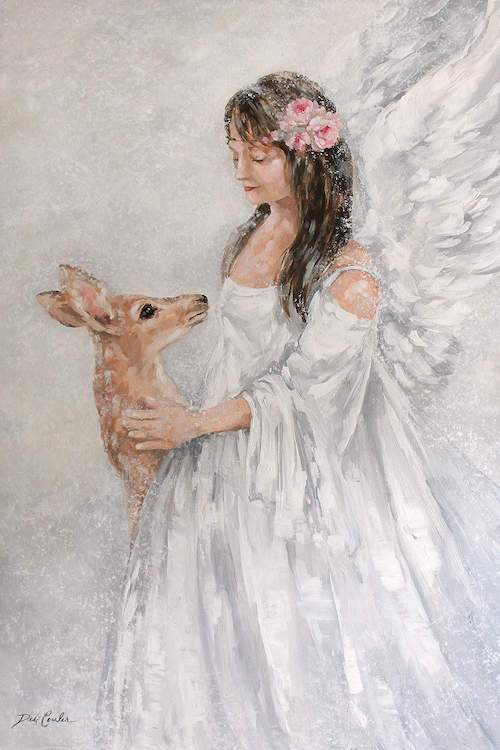 Angel artwork featuring a winged angel in white, adorned with roses, petting a fawn amid the snow.