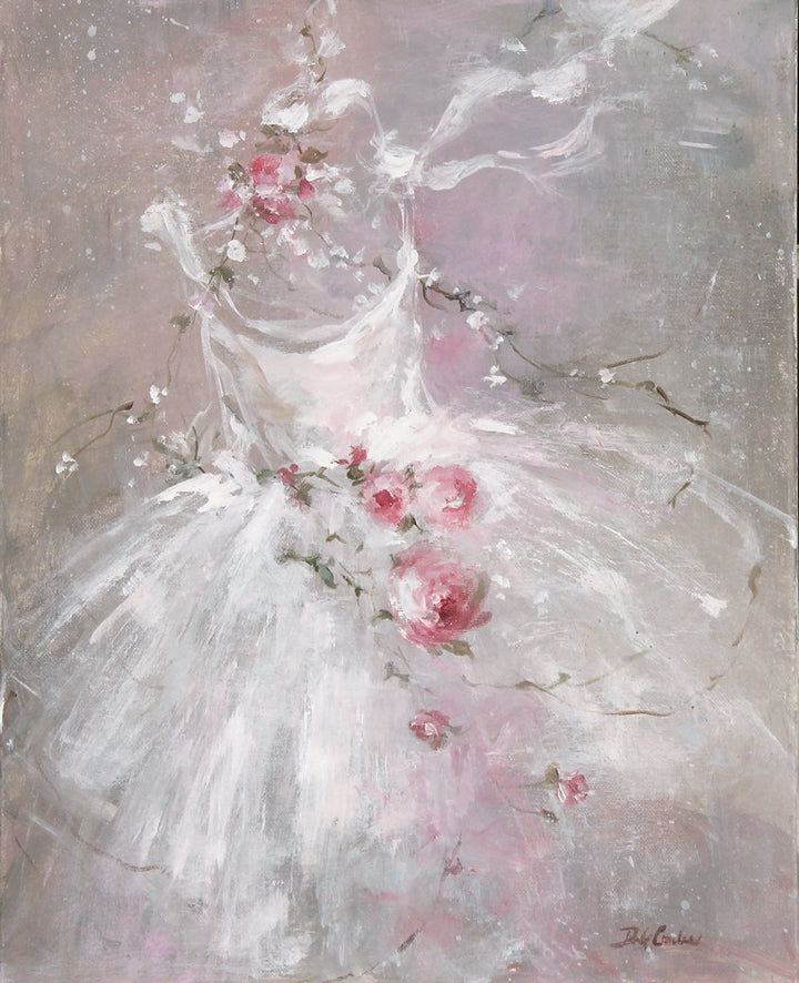 Pinks, purples mauve, and white, this beautiful painting evokes the mystery and the beauty of the ballet dancer, A dancerless tutu floating across the dance floor drapped with garlands of pink and red roses, white wildflowers add to the mix. Subtle tones give that shabby chic, country French farmhouse, for that young dancer in your family, beautifully painted by renown shabby chic artist Debi Coules from Debi Coules Tutu Painting Collection