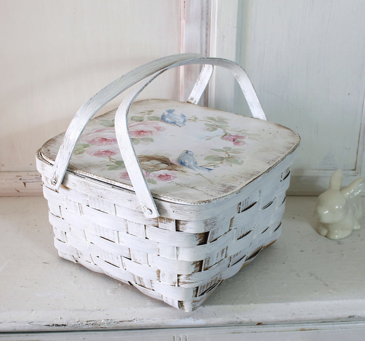 Vintage Bluebirds Nest and Roses Shabby Romantic Cottage Basket by Debi Coules