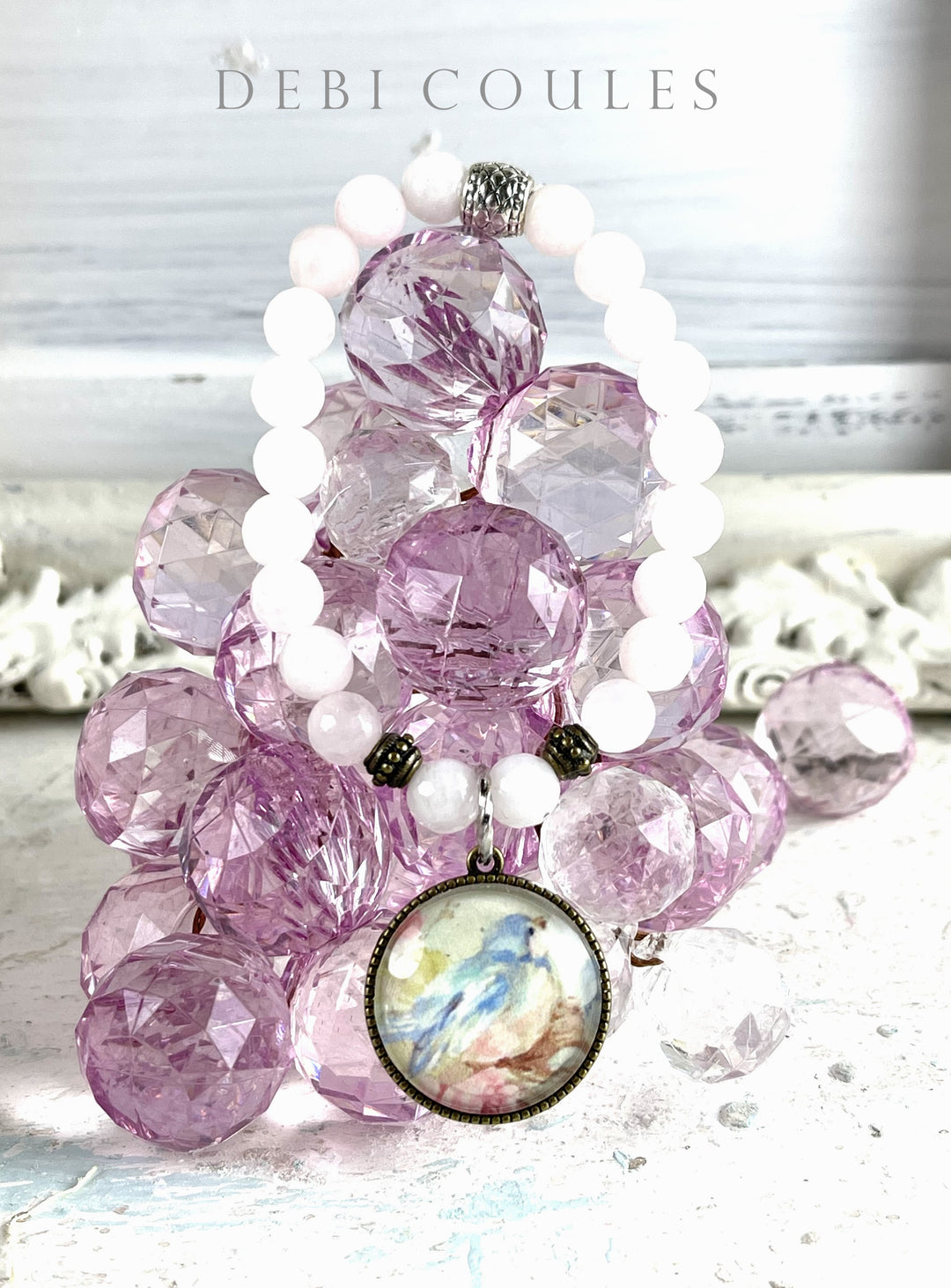 Shabby Chic  Romantic Bluebird Charm Bracelet Rose Quartz  Quartz by Debi Coules Boho