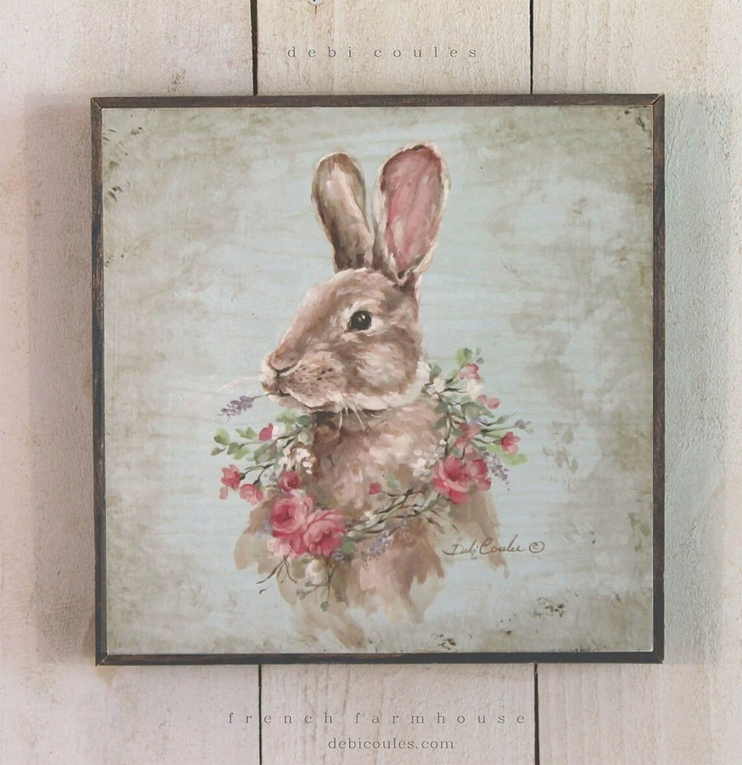 French farmhouse bunny with pink roses wreath, lavender in mouth, wall art, Pink Rose, Printed on wood and framed in barnwood frame, Debis love for animals is apparent in all her farmhouse collection, French Chic, home décor, Artist Debi Coules