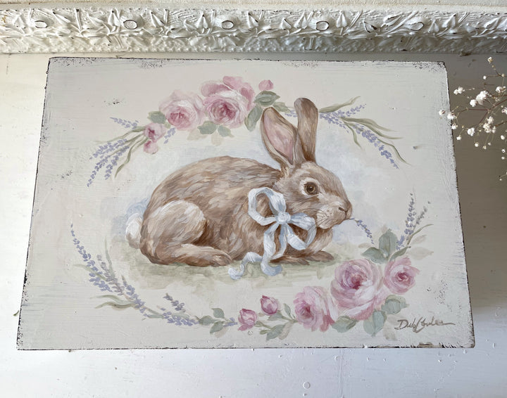 Shabby Chic Vintage Spring Bunny With Roses And Lavender Wooden Keepsake Box Original by Debi Coules