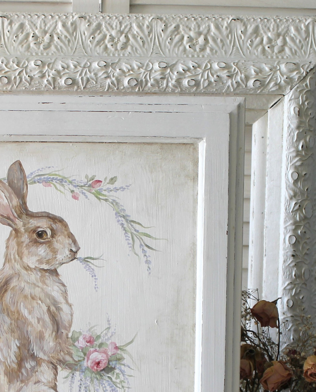 Shabby Chic Vintage Bunny With Roses and Lavender Wood Pannel Wall Art by Debi Coules