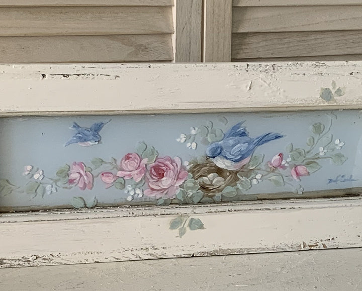 Romantic Antique Window with Bluebirds Nest and Roses by Debi Coules