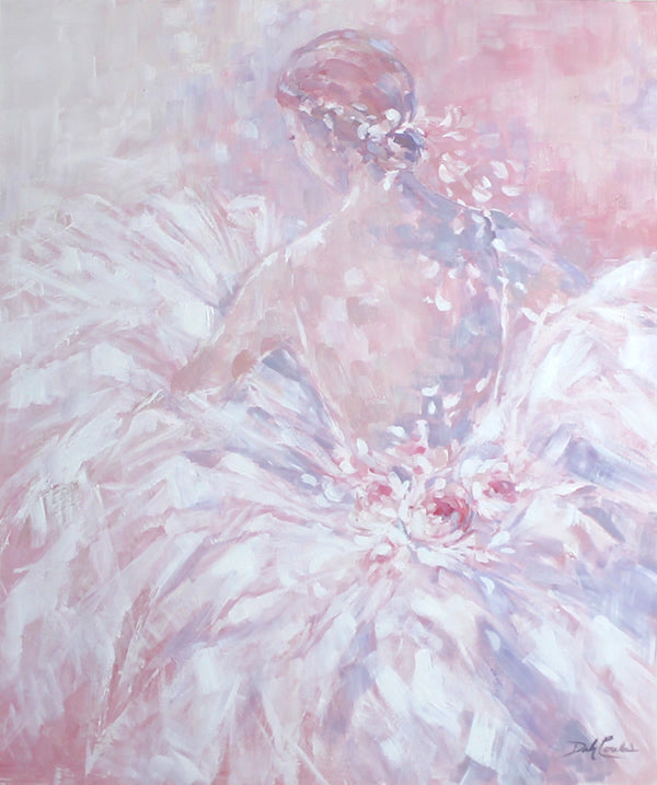 Pinks, purples and whites, this beautiful painting evokes the mystery and the beauty of the ballet dancer, her hair in a bun with rose petals trailing down her back, at the waist she has large roses setting off her flowing full white tutu, shadows of purple set of the warm flesh of her back, A must for a shabby chic, cottage style home. or for that young dancer in your family., beautifully painted by renown shabby chic artist Debi Coules