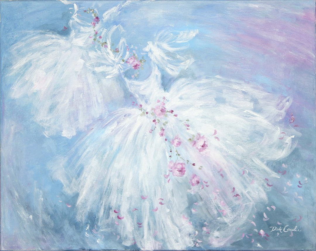 A painting of two beautiful, graceful tutus on an aqua blue background on canvas from “Debi Coules Tutu Fine Art Collection”