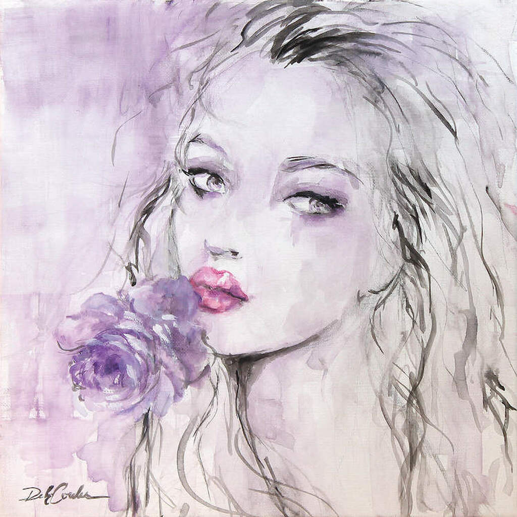 A seductive look from a beautiful stranger with red lips and kissing a purple flower. Overall tones are purple and grey