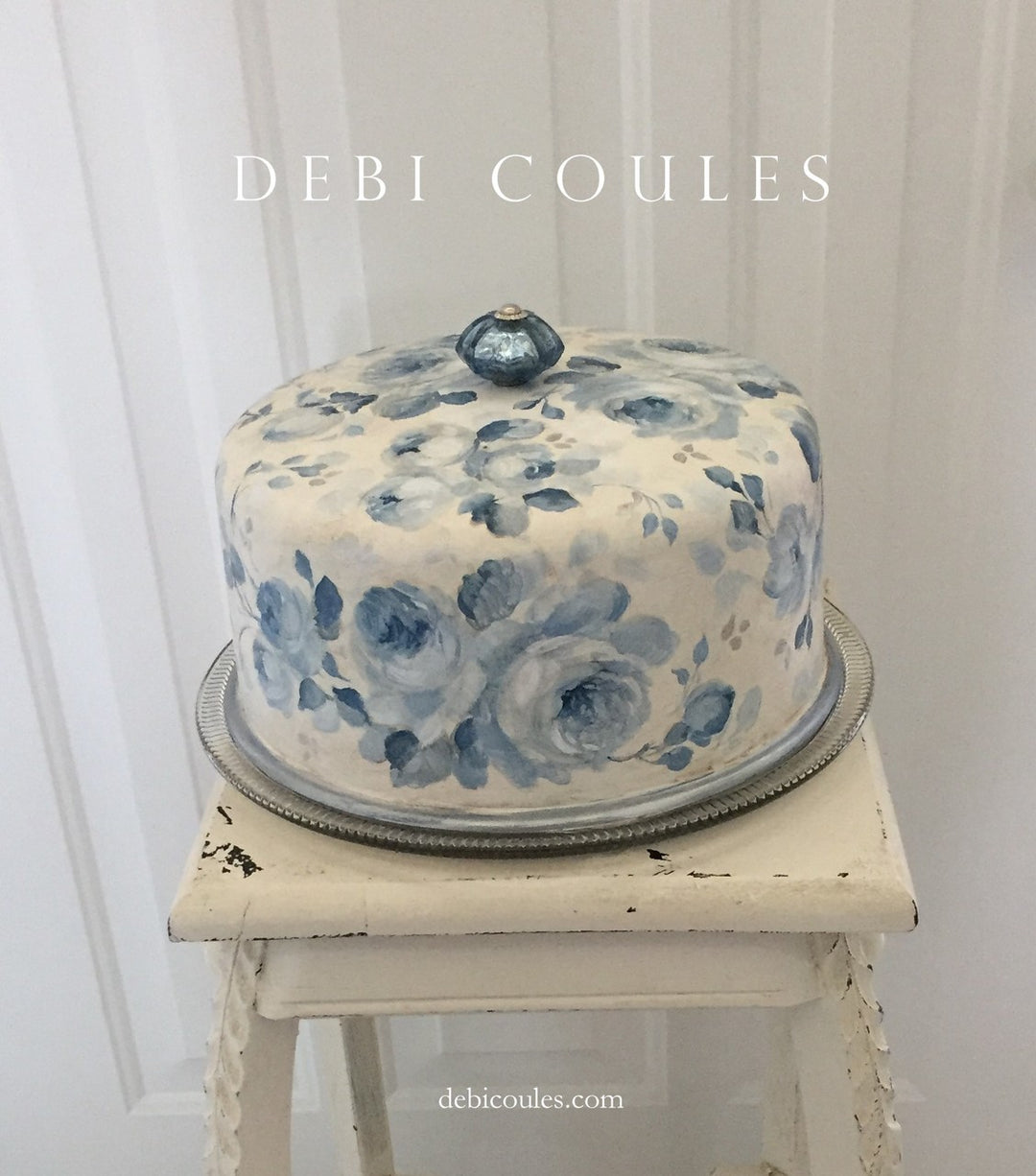 Romantic Vintage Shabby Cottage Chic Blue Roses Cake Cover  with Dish by Debi Coules