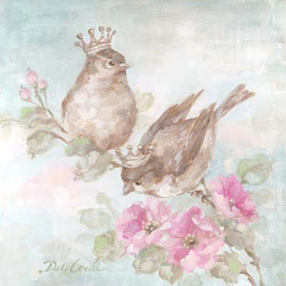 Two brown sparrows perched on a branch of pink wild roses both sporting crowns on their head. Greenery behind