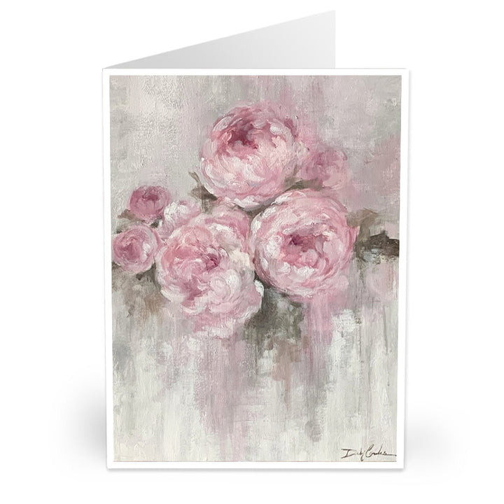 Three large double peonies fill the foreground, smaller peonies arebehind. backdrop is shabby off white. Original by Debi Coules