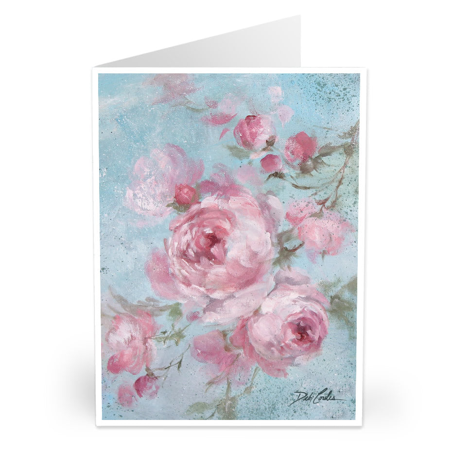 Pink English Roses in various stages of bloom with a bright sky blue backdrop. Original by Debi Coules