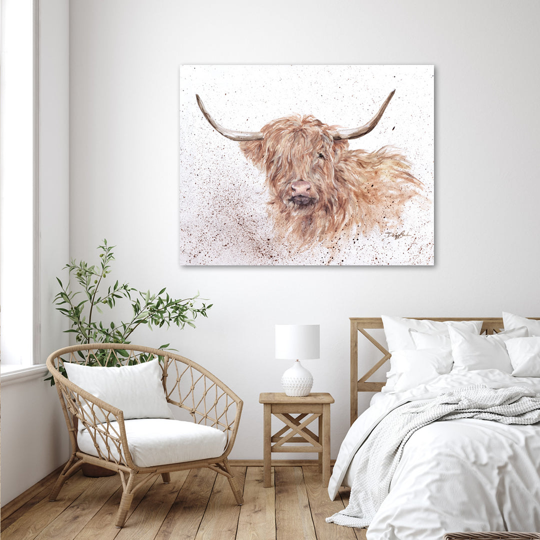 Highland Cow art hanging in the rustic chic bedroom