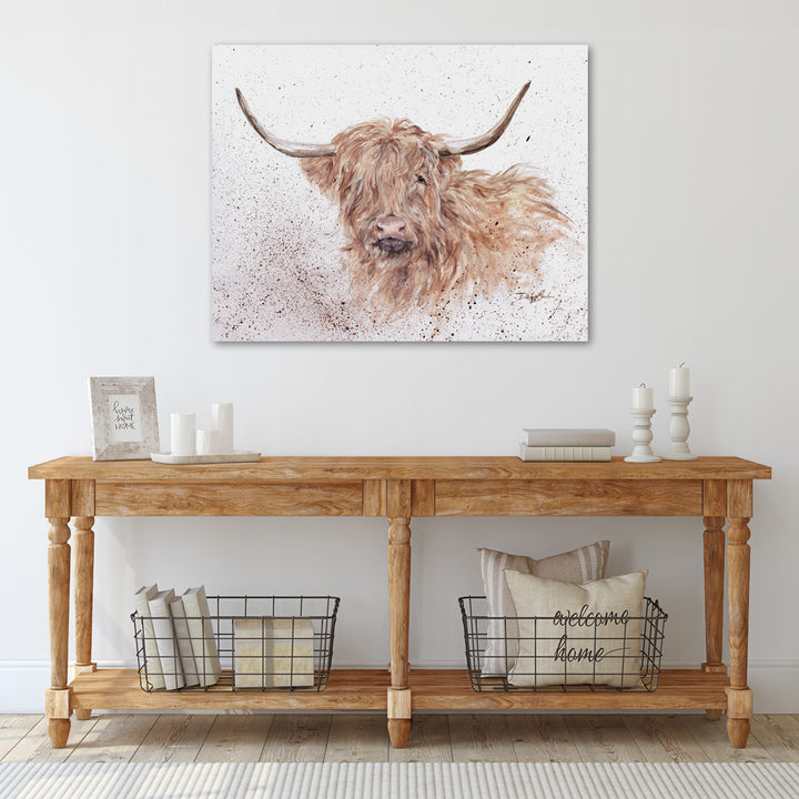 Highland Cow art in white wood contemporary hallway