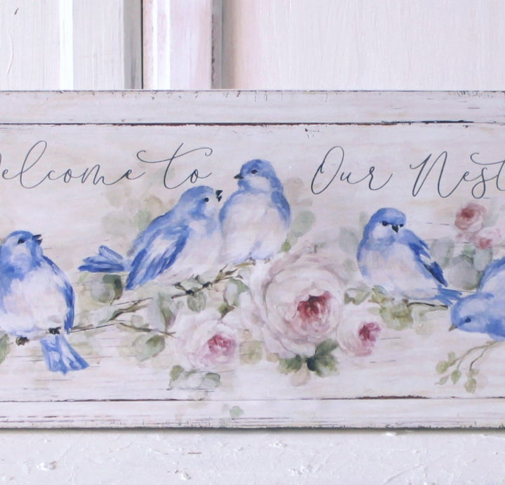 "Welcome To Our Nest" Wood Print Bluebirds and Roses By Debi Coules