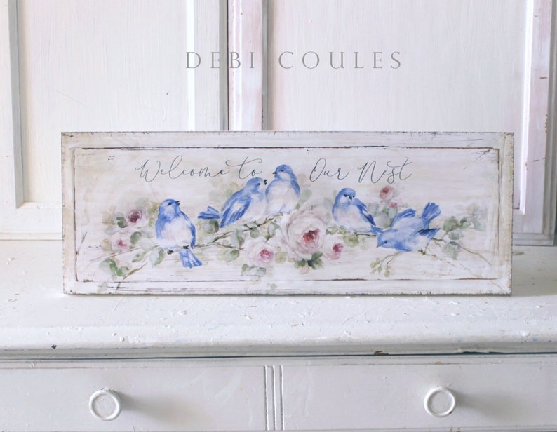 "Welcome To Our Nest" Wood Print Bluebirds and Roses By Debi Coules
