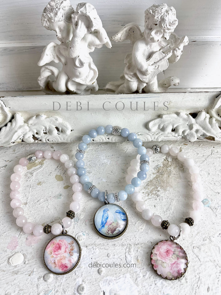 Shabby Chic Romantic Bluebird Charm Bracelet Rose Quartz and Aquamarine Quartz by Debi Coules Boho