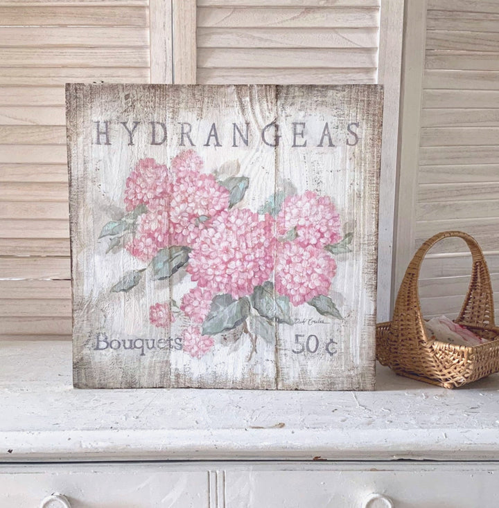 Pink Hydrangeas Wood Print Shabby Chic Romantic Cottage Sign by Debi Coules