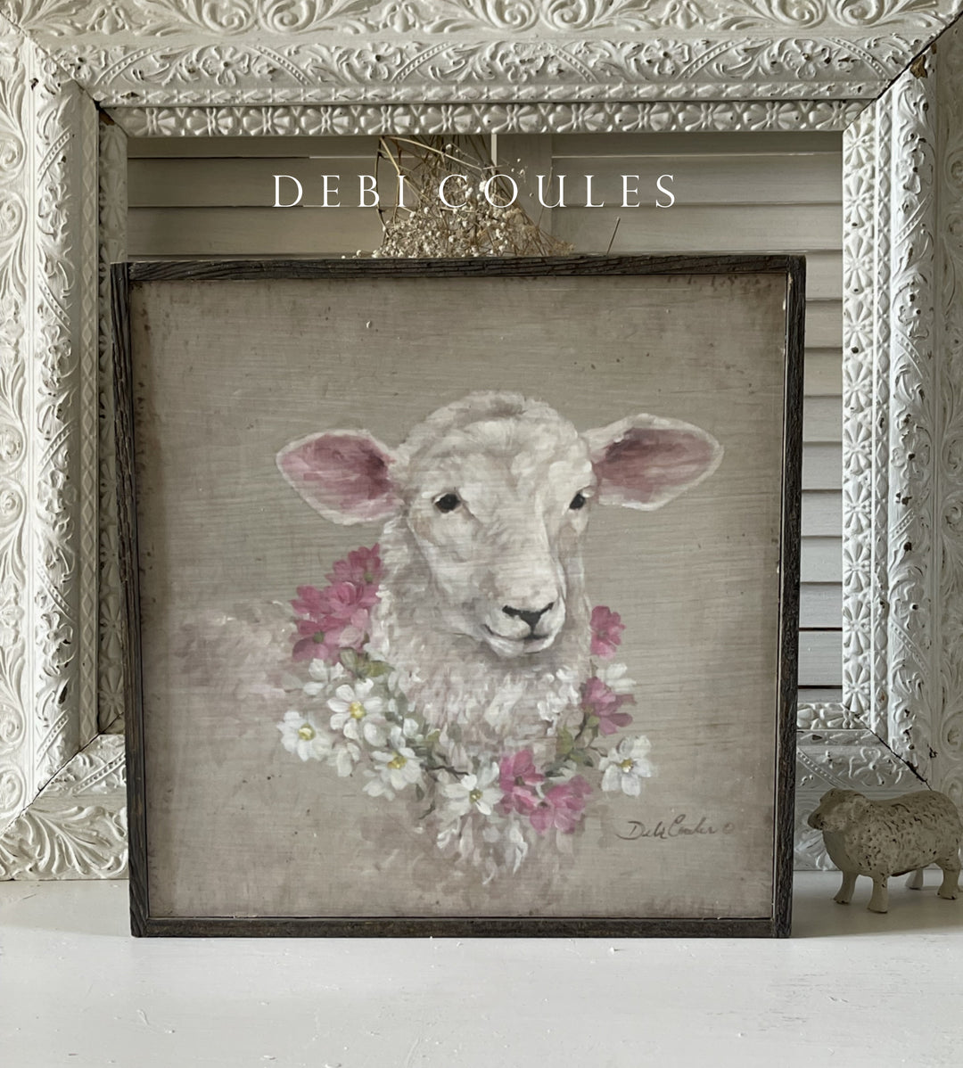 "Lamb with Floral Wreath" Barnwood Framed Wood Print