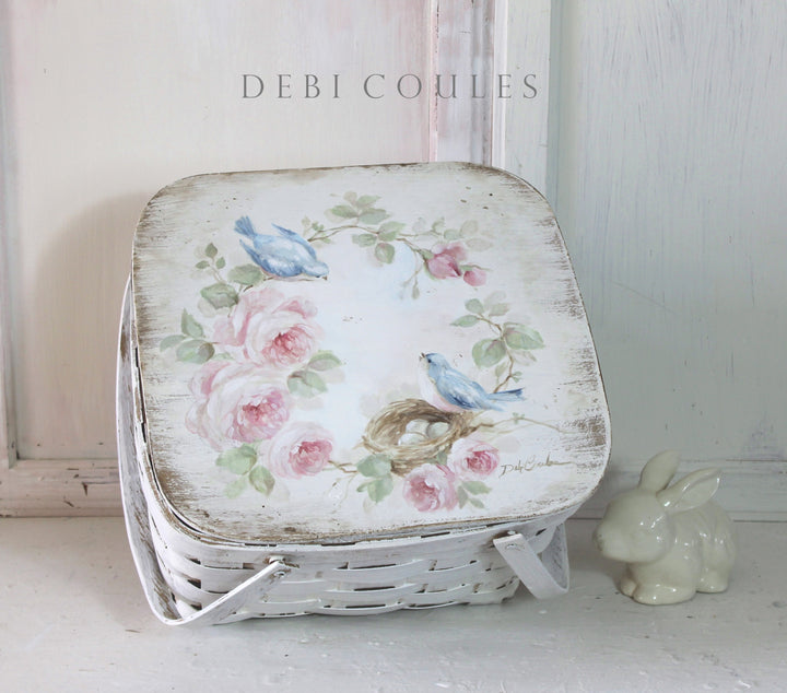 Vintage Bluebirds Nest and Roses Shabby Romantic Cottage Basket by Debi Coules