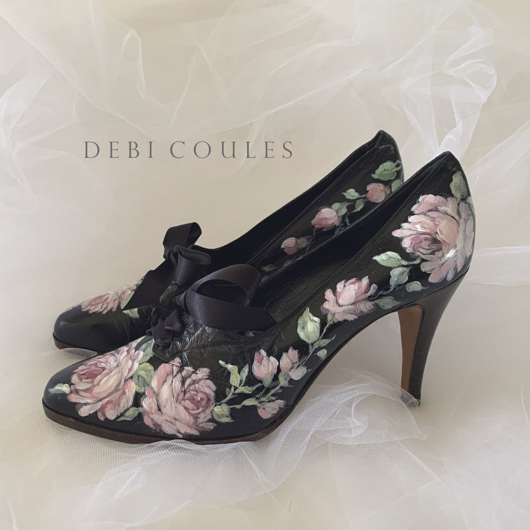 Gorgeous Vintage Shabby Chic  Hand Painted Roses Black Leather Shoes by Debi Coules