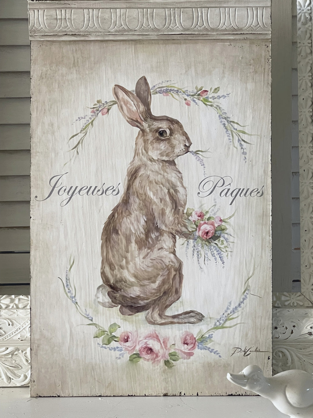 Shabby Chic French Saying Joyeuses Paques Happy Easter Wood Print by Debi Coules