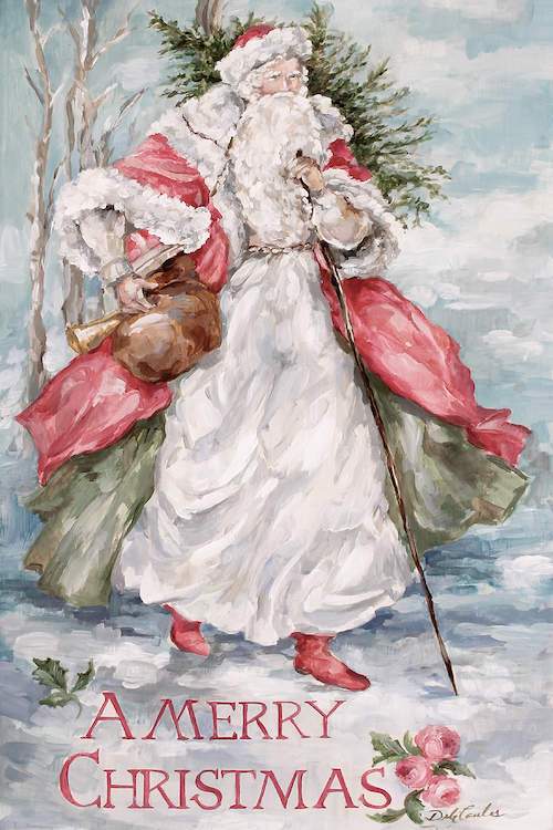 A wonderful Christmas painting, "North Woods Santa" by Debi Coules features a vintage-style Santa Claus arriving Christmas morning through the snow. This Holiday Canvas Print captures the feel of the long past Christmas Season.Vintage Santa Painting for a Rustic Christmas Home Decor. Pink roses of course